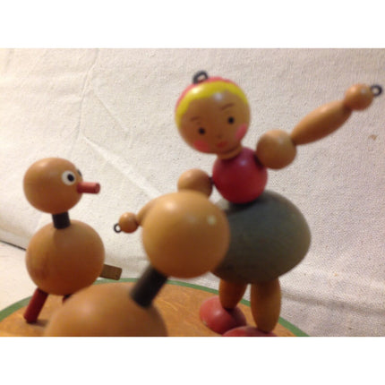 Vintage Austrian Wooden Girl with Farm Animals Pull Toy