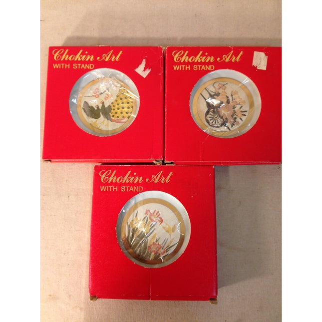 Vintage Group of 3 Chokin Art 6 1/2" Metal Engraved Plates in Original Boxes