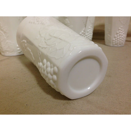 Vintage Set of 7 White Milk Glass Tumblers with White Grapes