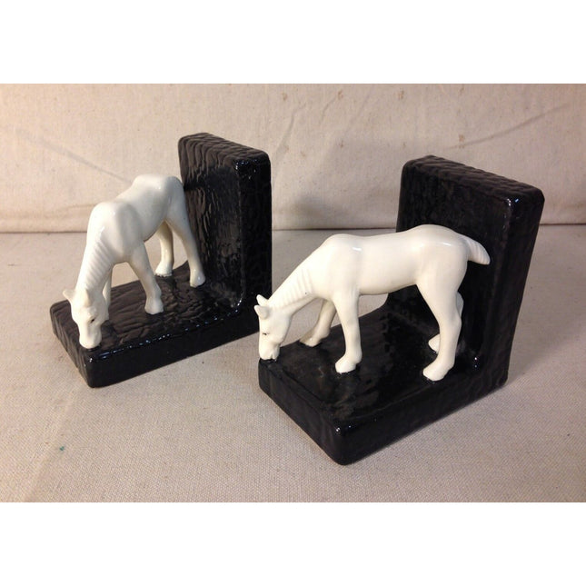 Vintage 1940s-50s Czechoslovakia Porcelain Bookends White Horses on Black