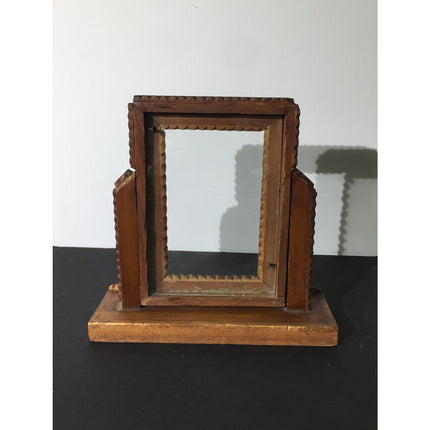 Vintage 1930s Tramp Folk Art Vanity Picture Frame –Wood & Glass, Swivels Up/Down
