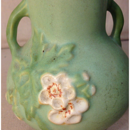 Vintage Weller Green Floral Vase – Double Handles 6.75" Mid-Century Pottery