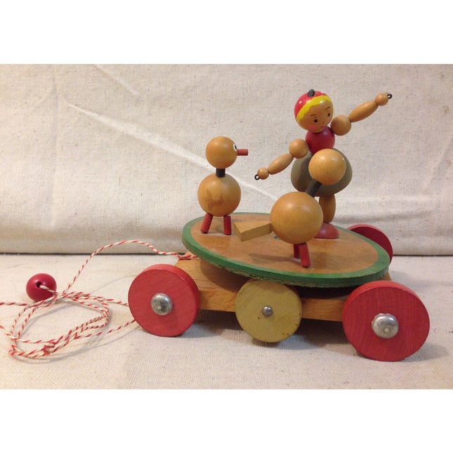 Vintage Austrian Wooden Girl with Farm Animals Pull Toy