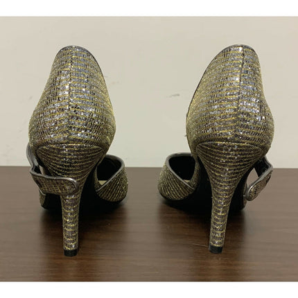 J. Renee Trudi Pewter Heels 8N Crinkled Foil Leaf Fabric Rhinestone Buckle NIB