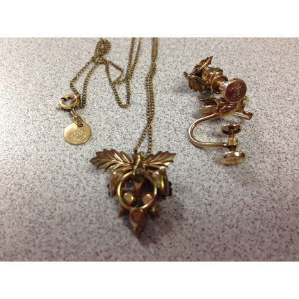 VTG De Curtis 14K Gold Filled Red Berry Necklace, Screw Back Earrings Set w/ Box