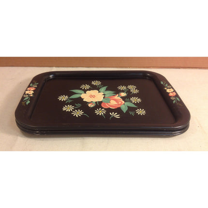 4 Mid-Century Modern TV Serving Trays – Black Floral Design, 1950s-60s