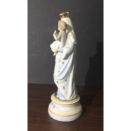 VTG 1940s Porcelain Madonna Mary with Child Figurine – Blue & White w/ Gold Trim