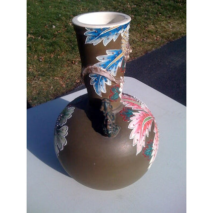 Asian Vase, 1940s-50s, Raised Relief Flowers & Dragon