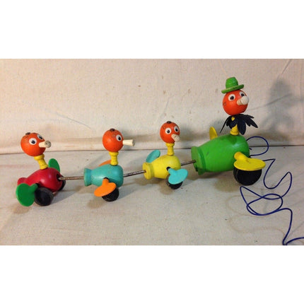 Vintage 1956 Fisher-Price Gabby Goofies Duck Family Wooden Pull Toy #770
