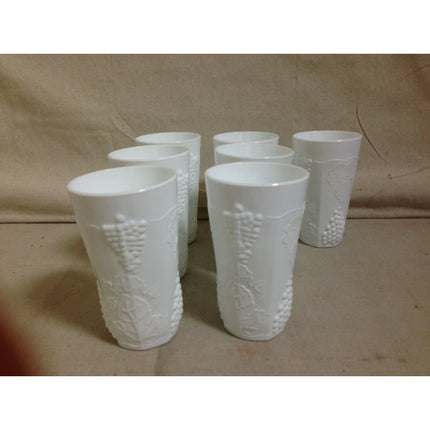 Vintage Set of 7 White Milk Glass Tumblers with White Grapes