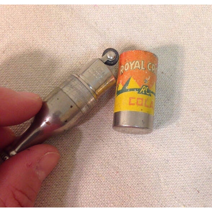 Vintage 1940s Royal Crown Cola Bottle Lighter – Metal w/ Paper Label – Unfired