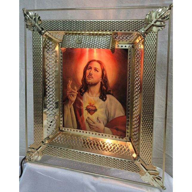 3D Jesus & Mary Hologram Light-Up Shadow Box Picture Brass Tone Metal Frame
