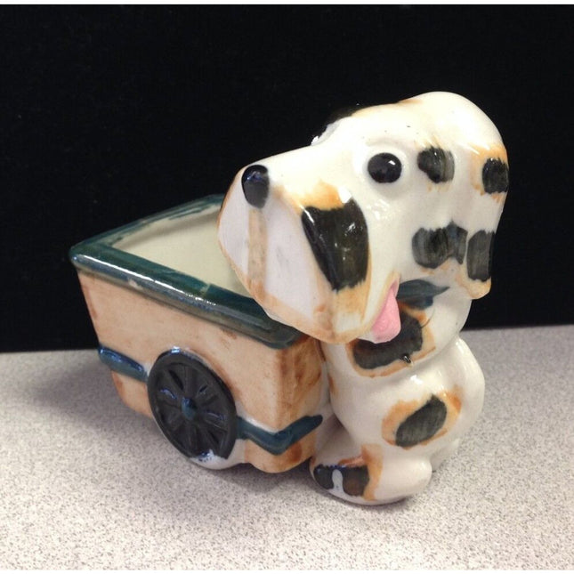 Occupied Japan Porcelain Puppy with Wagon Planter Figurine 3.5" Vintage