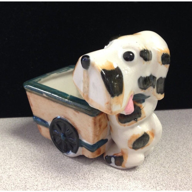 Occupied Japan Small Porcelain Puppy with Wagon Planter Figurine