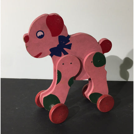 Vintage 1920s–30s Wooden Toy Dog on Wheels – Early Pull Toy