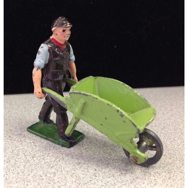 Vintage England Lead Figurine Worker with Wheelbarrow Collectible