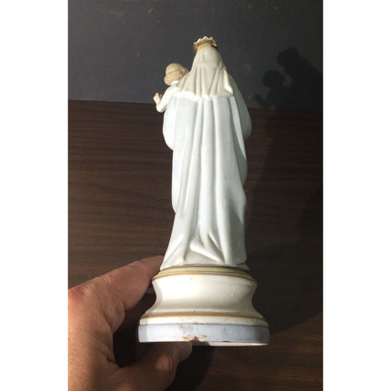 VTG 1940s Porcelain Madonna Mary with Child Figurine – Blue & White w/ Gold Trim