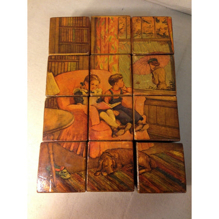 Vintage 1950s Hand-Laminated Pictures Wooden Toy Building Blocks – Set of 12