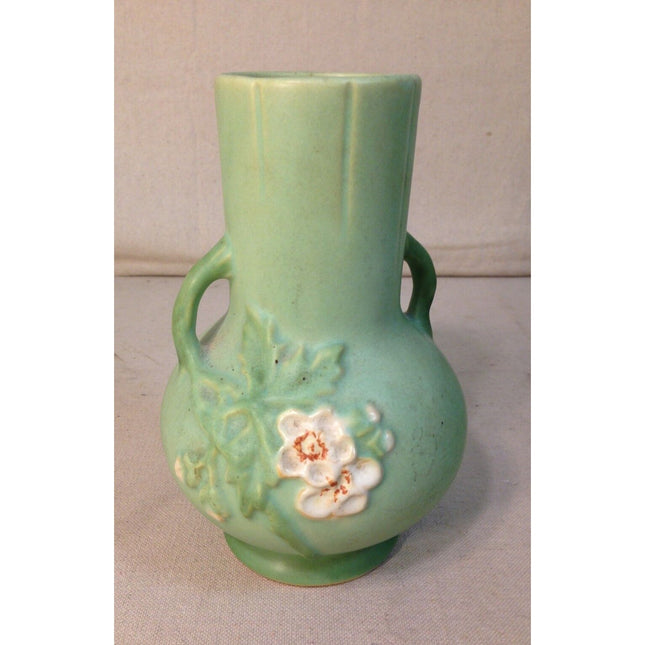Vintage Weller Green Floral Vase – Double Handles 6.75" Mid-Century Pottery