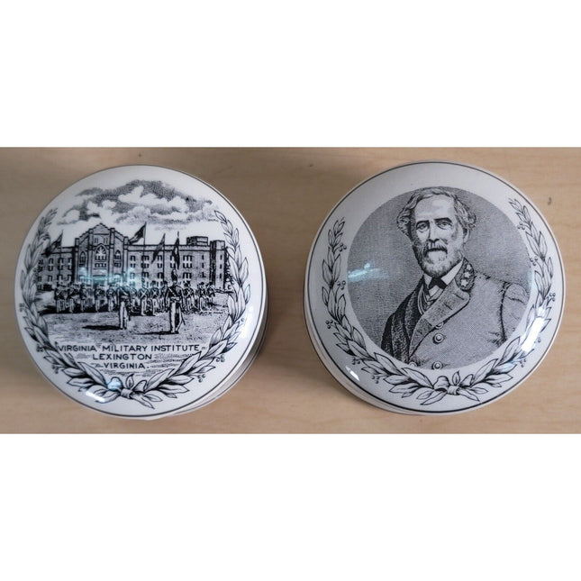 Vintage VMI Staffordshire Trinket Box Pair – Robert E. Lee & Parade Ground Scene