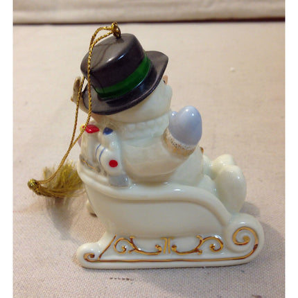 Lenox 1999 Annual Christmas Ornament Fine China w/ 24K Gold Snowman in a Sled