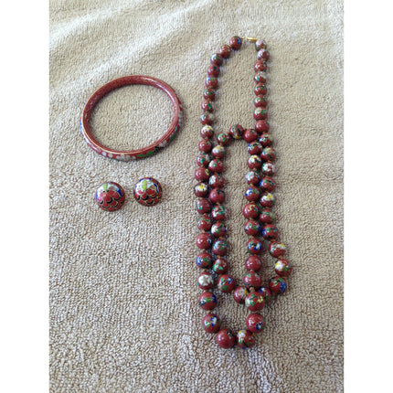 Vintage Cloisonné Necklace, Bangle Bracelet, and Clip Earrings Jewelry Set