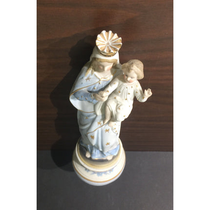 VTG 1940s Porcelain Madonna Mary with Child Figurine – Blue & White w/ Gold Trim