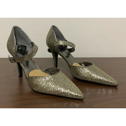 J. Renee Trudi Pewter Heels 8N Crinkled Foil Leaf Fabric Rhinestone Buckle NIB