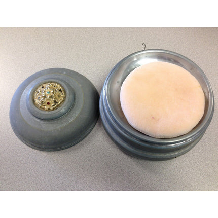 Vintage Round Metal Music Jewelry Trinket Box w/ Powder Puff