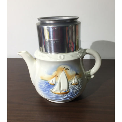 Porcelier Drip Coffee Maker w/ Sailboats Chinaware & Metal + Instructions
