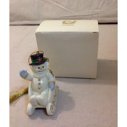Lenox 1999 Annual Christmas Ornament Fine China w/ 24K Gold Snowman in a Sled