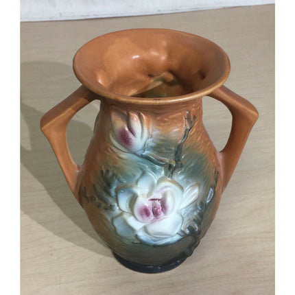 Vintage 7" Roseville Pottery Brown Magnolia Double Handle Vase Vase 90-7