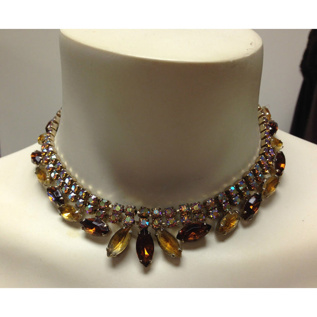 Beautiful Vintage Yellow & Amber Rhinestone Necklace