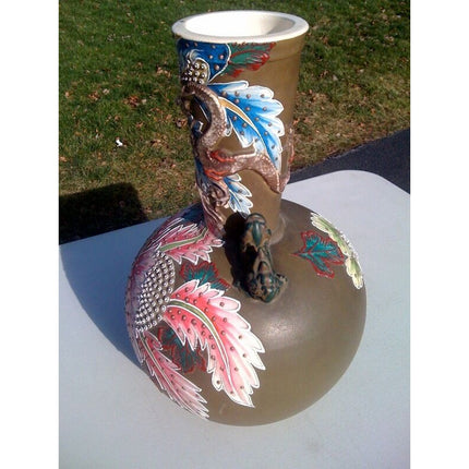 Asian Vase, 1940s-50s, Raised Relief Flowers & Dragon