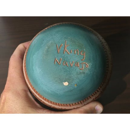 Handmade Navajo Clay Pot by V. King – Horse Design Pottery – Signed