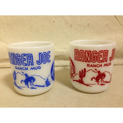 Vintage Hazel Atlas Ranger Joe Milk Glass Child's Mugs Red Blue Set of 2