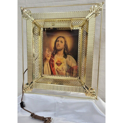 3D Jesus & Mary Hologram Light-Up Shadow Box Picture Brass Tone Metal Frame