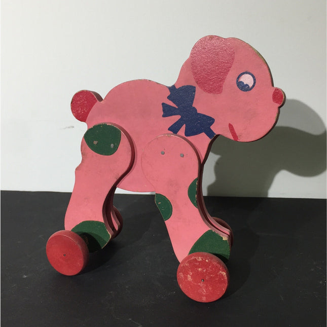 Vintage 1920s–30s Wooden Toy Dog on Wheels – Early Pull Toy