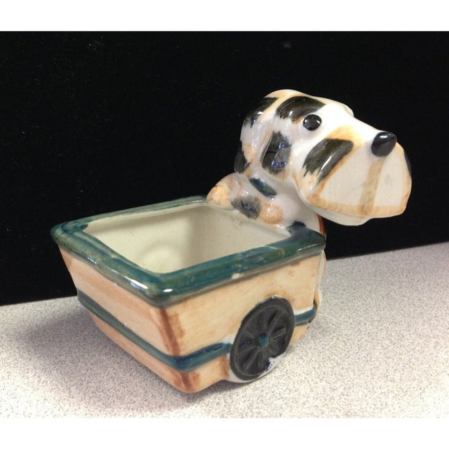 Occupied Japan Porcelain Puppy with Wagon Planter Figurine 3.5" Vintage