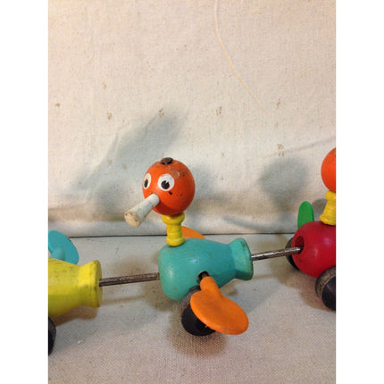 Vintage 1956 Fisher-Price Gabby Goofies Duck Family Wooden Pull Toy #770