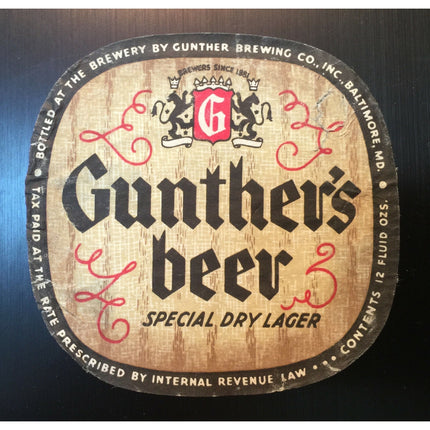 Early 1930s Gunther’s Special Dry Lager Beer Label – IRTP, Baltimore MD
