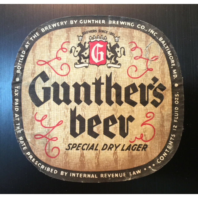 Early 1930s Gunther’s Special Dry Lager Beer Label – IRTP, Baltimore MD