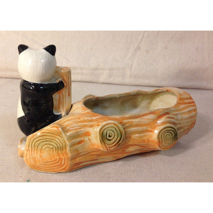 Vintage Occupied Japan Panda Bear Porcelain Log Planter