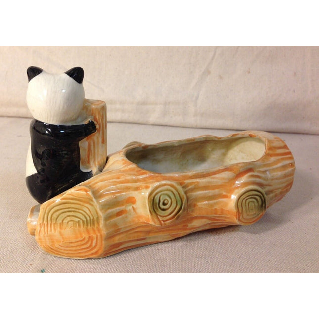 Vintage Occupied Japan Panda Bear Porcelain Log Planter 7"