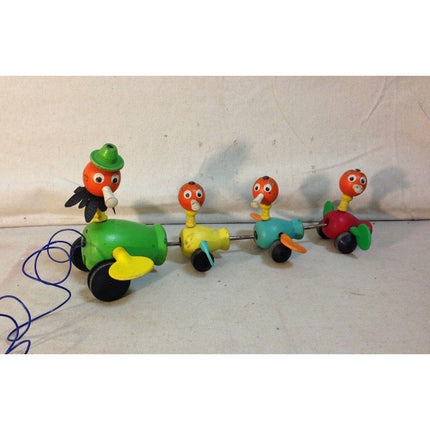 Vintage 1956 Fisher-Price Gabby Goofies Duck Family Wooden Pull Toy #770