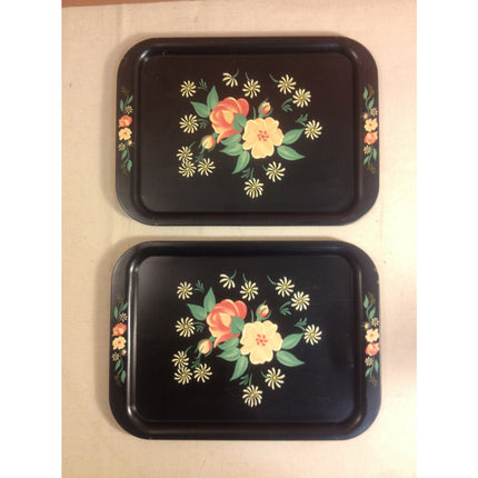 4 Mid-Century Modern TV Serving Trays – Black Floral Design, 1950s-60s