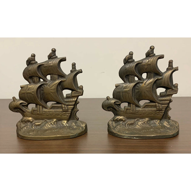 1928 Bronzed Spanish Galleon Bookends – Vintage Nautical Decor – 6" Metal Pair