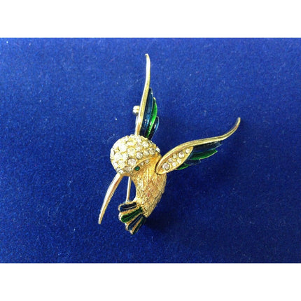 Vintage Sphynx Signed Rhinestone & Enamel Hummingbird Pin Brooch