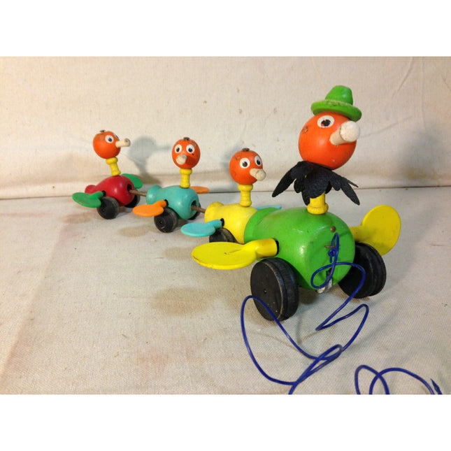 Vintage 1956 Fisher-Price Gabby Goofies Duck Family Wooden Pull Toy #770