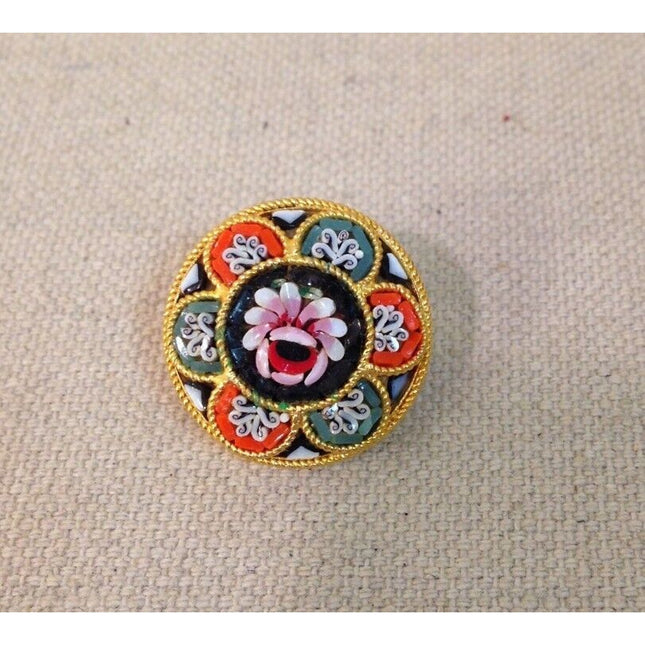 Vintage Italian Micro Mosaic Floral Round Pin / Brooch